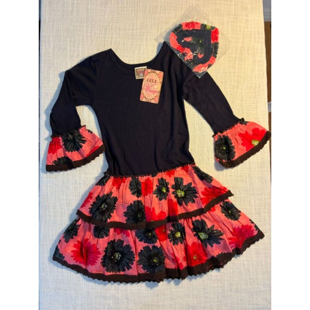 Lele Vintage Girls Long Sleeve Tiered Floral Ruffle Dress/Accessory - Size 6